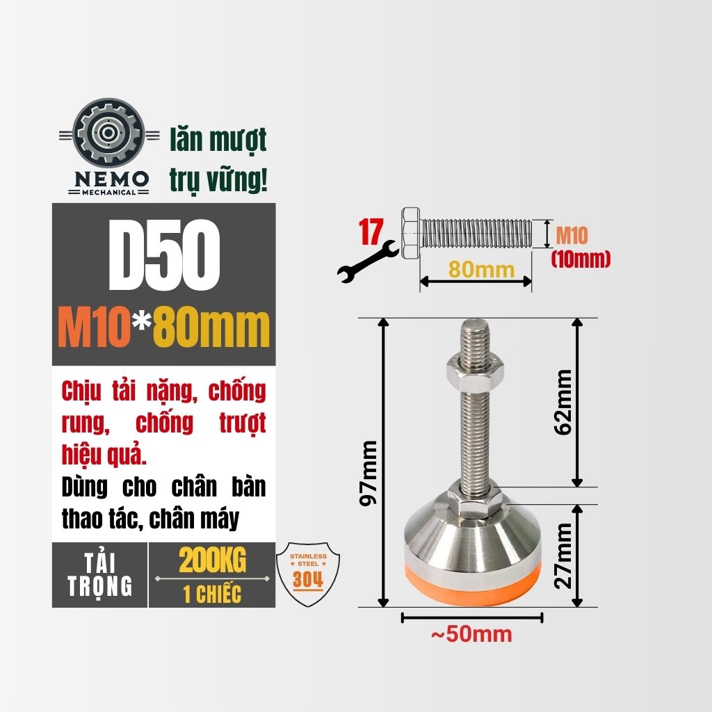 Chân Tăng Chỉnh Inox 304 Ren M10 – Chống Gỉ Tuyệt Đối, Đế Bát Dày Chịu Tải Nặng